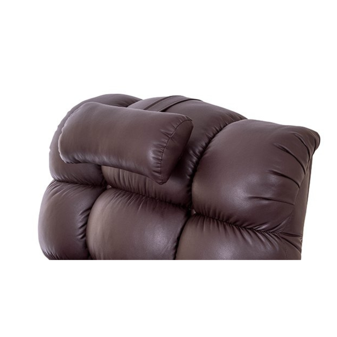 Close-up of a Golden Technologies Adjustable Lift Chair Pillows brown leather backrest with plush padding and an adjustable head pillow. The smooth, shiny texture stands out against a plain white background.